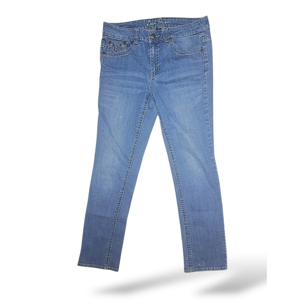Royal Premium Jeans Size 10 Blue Denim Stretch Mid Rise Embellished Pockets